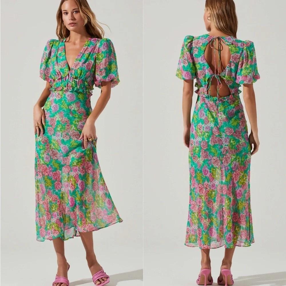 ASTR The Label M Maxi Dress Green Pink Floral Puff Sleeve ESPERANZA V Neck Fairy - Picture 2 of 10